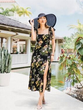 Reformation Twilight Dress Sicilia Print Black Floral Lemon Midi Dress Size 6